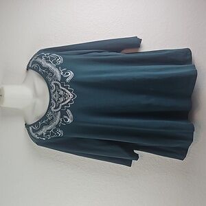 Catherines | Women's Holiday Green Silver Glitter Neckline 3/4 Sleeve Tee Sz OX